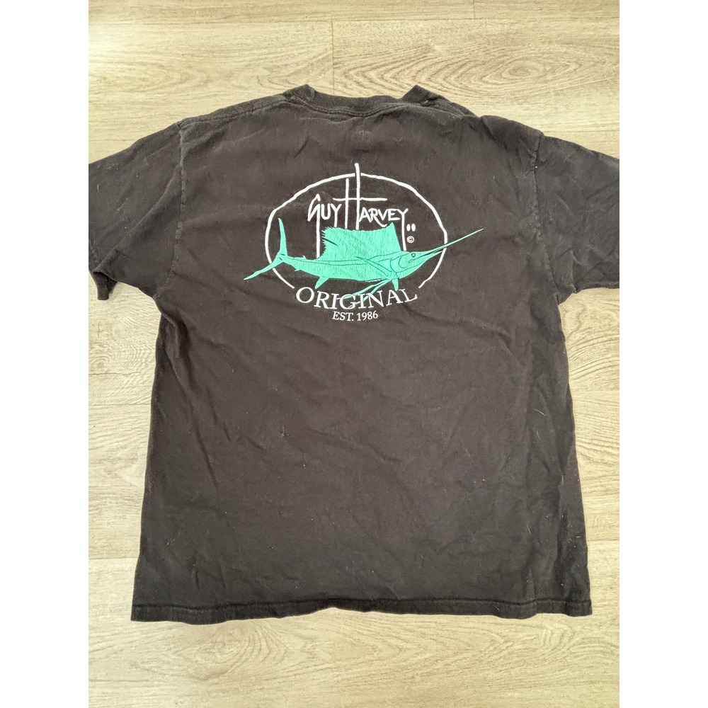 Guy Harvey Mens Large Black Marlin Pocket T-Shirt Short Sleeve AFTCO Fishing Tee